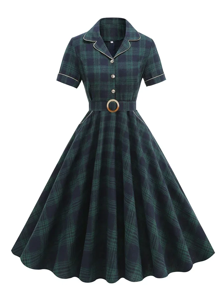 2025 New Retro Notched Collar Buttons Belted Autumn Winter Midi Dress Women's Vintage Plaid Rockabilly Dresses Elegant Clothing