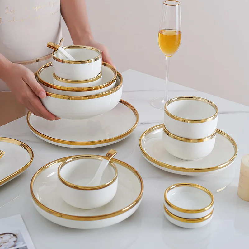 الأوروبي الأبيض الذهب الجانب أدوات المائدة وعاء الأرز لوحة صحن سلطة الفواكه طبق عميق المطبخ أدوات المائدة لوحة الزفاف الديكور #5