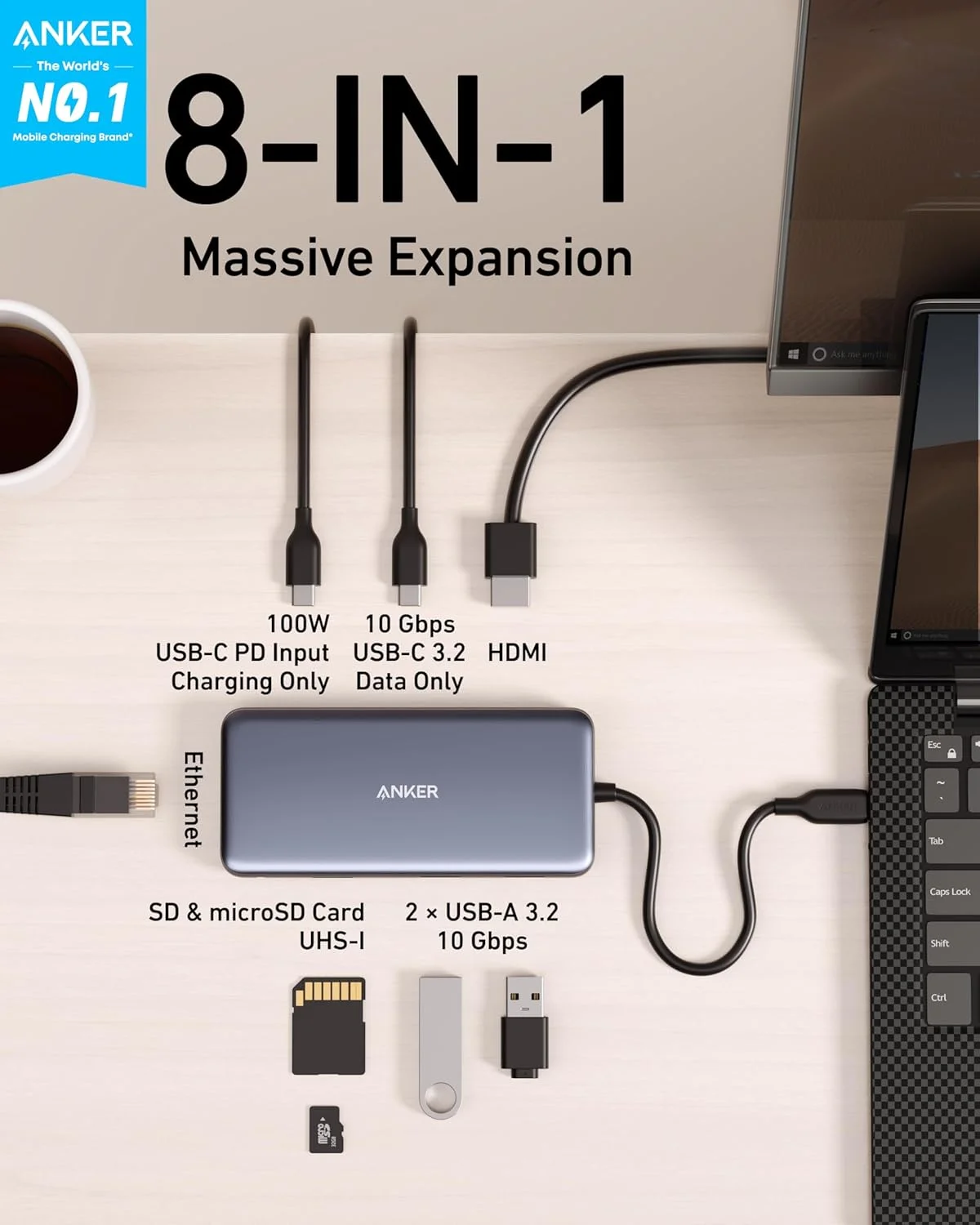 Anker USB-C Hub,8-in-1 Multiport Ethernet Adapter with 4K@60Hz HDMI Port 85W Max PD,10Gbps USB-C & 2 USB-A Dat,for USB C Laptops