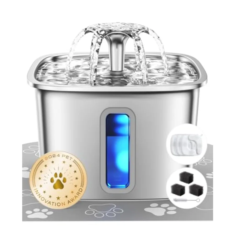 

Innovation Award Winner Stainless Steel Cat Water Fountain, /3.2L Automatic Pet Fountain Dog Water Dispenser with 3 Replacement