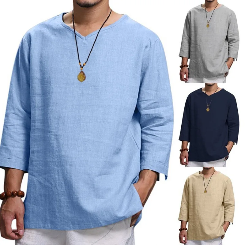 

Cotton T Shirt Men's Casual Tshirt Loose Long Sleeved T-shirt Linen V Neck Pullover Shirt Men's Base Shirt Oversize Casual Wear