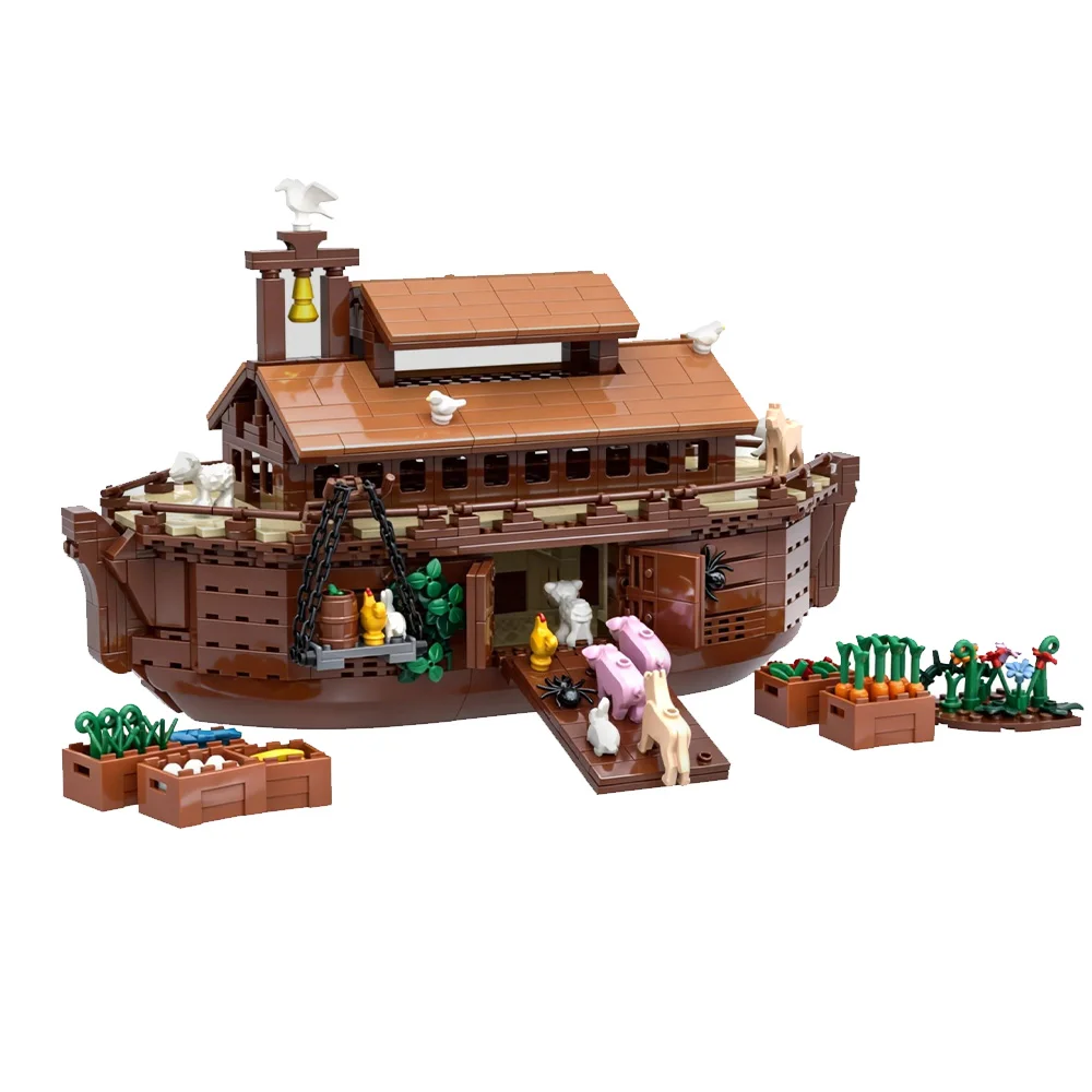 MOC Noahs Ark Modell Bausteine Mittelalterliche Schiff Religion Architektur Und Nette Mini Tiere Montage Ziegel Spielzeug Geschenk – Detail 11