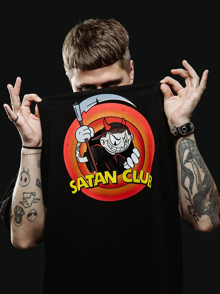 Men Tshirt Cotton Satan Club Printed Oversized Tees Tops Harajuku Vintage Korean Fashion Y2k Streetwear Graphic Hip Hop Clothing