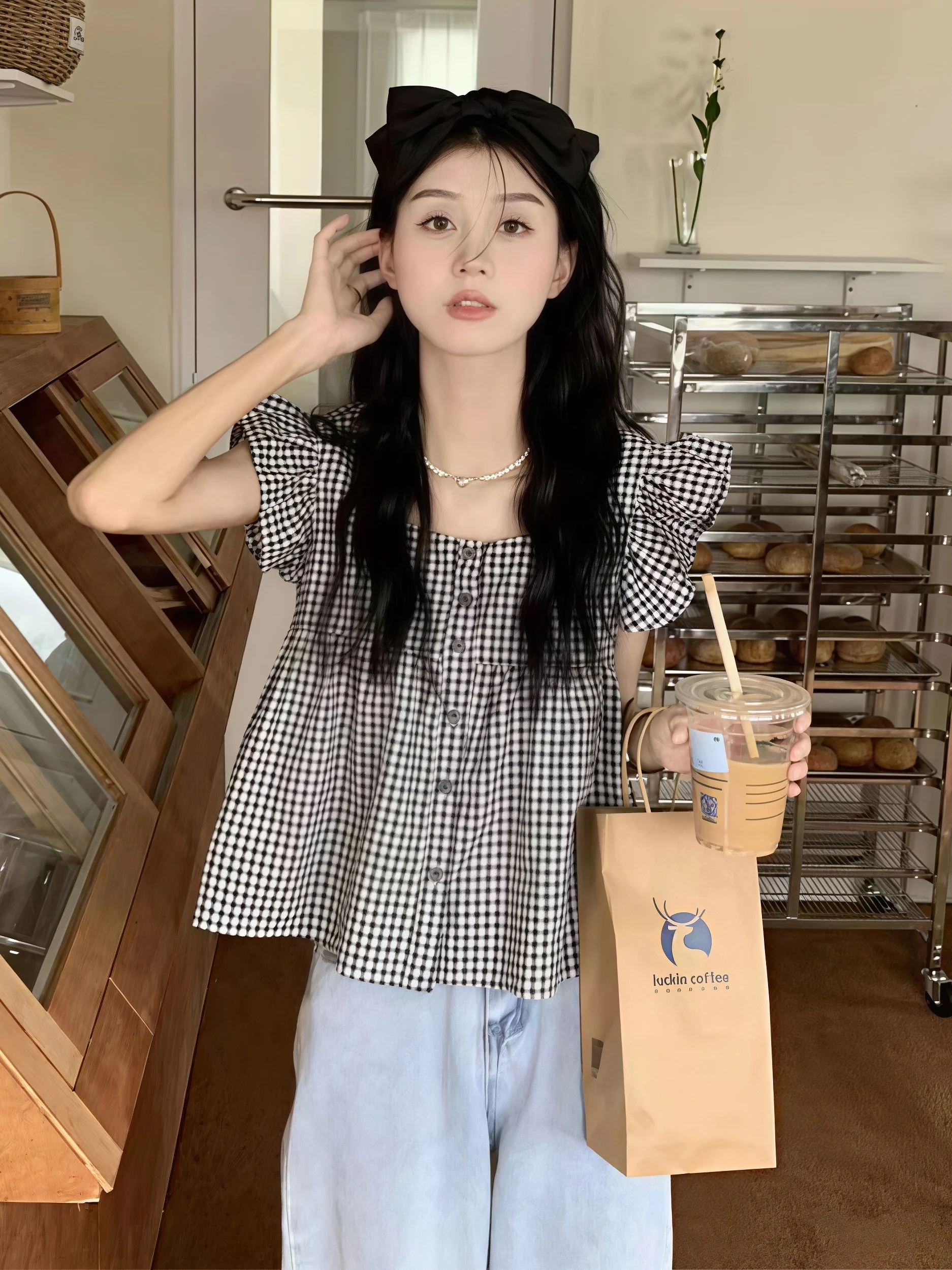 Women Summer Plaid Square Neck Blouse Ruffle Cap Sleeve Loose Babydoll Shirt Korean Sweet Casual Short Crop Top Ladies Daily