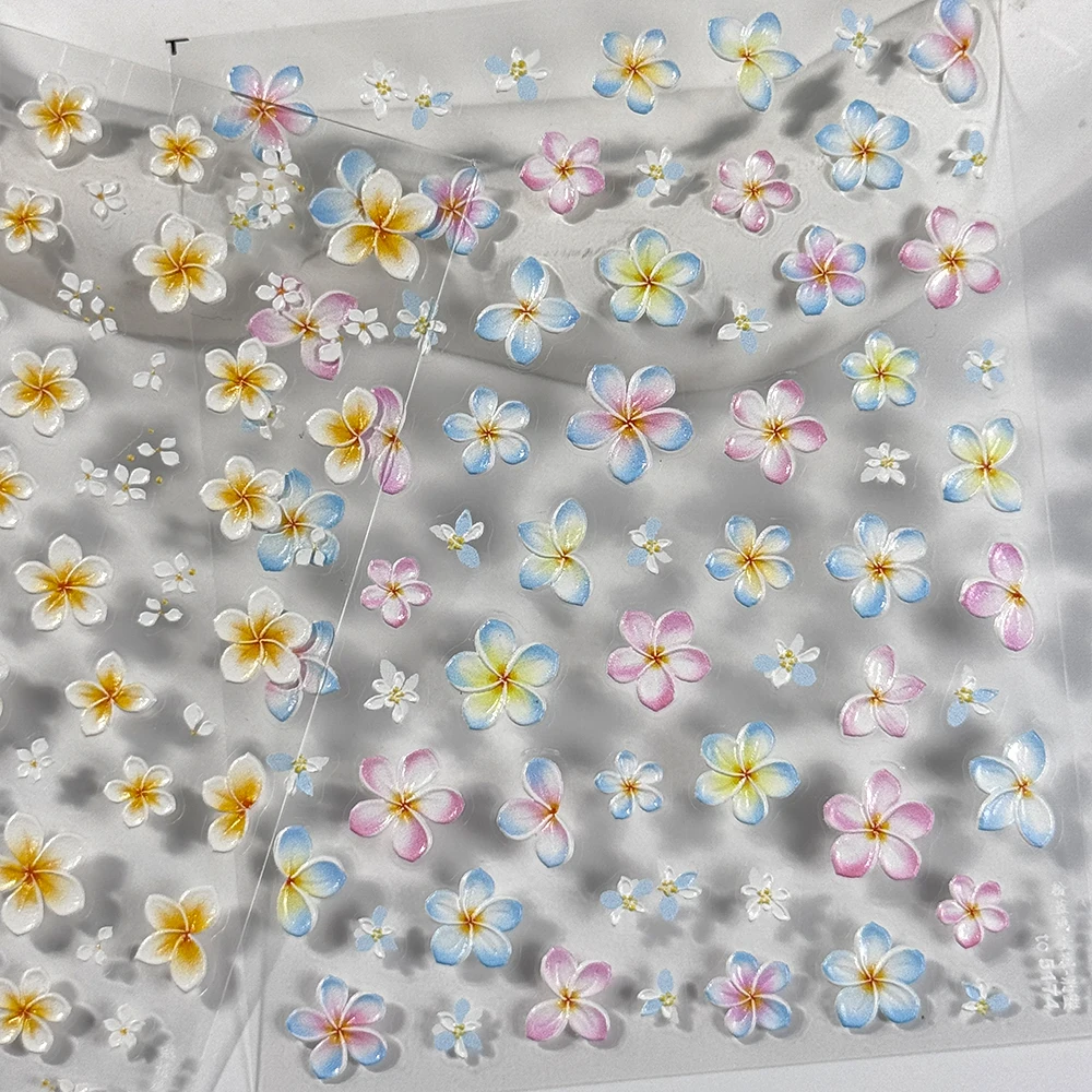 5D Embossed Frangipani Flower Nail Art Sticker Yellow White Gradient Five-Petal Floral Nail Decal Spring Vibrant Flower Nail Dec 3