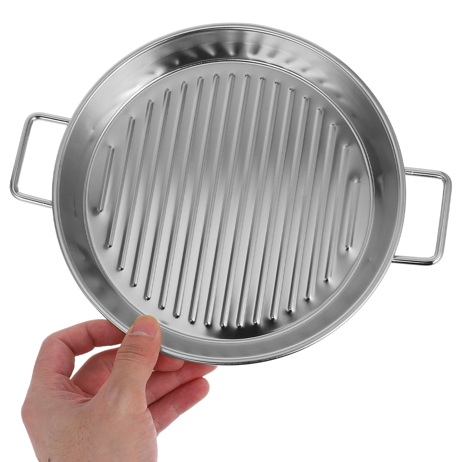

Stainless Steel Barbecue Plate Round Serving Dish Grilling Seafood Steak Outdoor Camping Silver Metal Dinner Tray Stackable Easy
