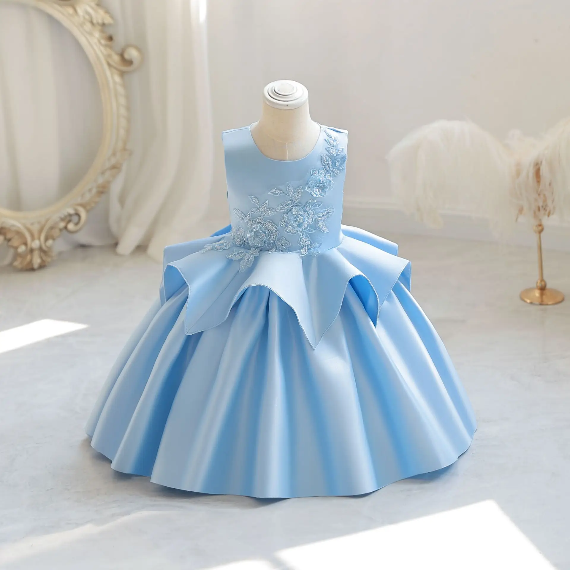 HETISO Pageant Satin Birthday Dress for Girls Flower Baby Girl Party Ball Gown Tutu Children's Ceremony Formal Clothes Costume