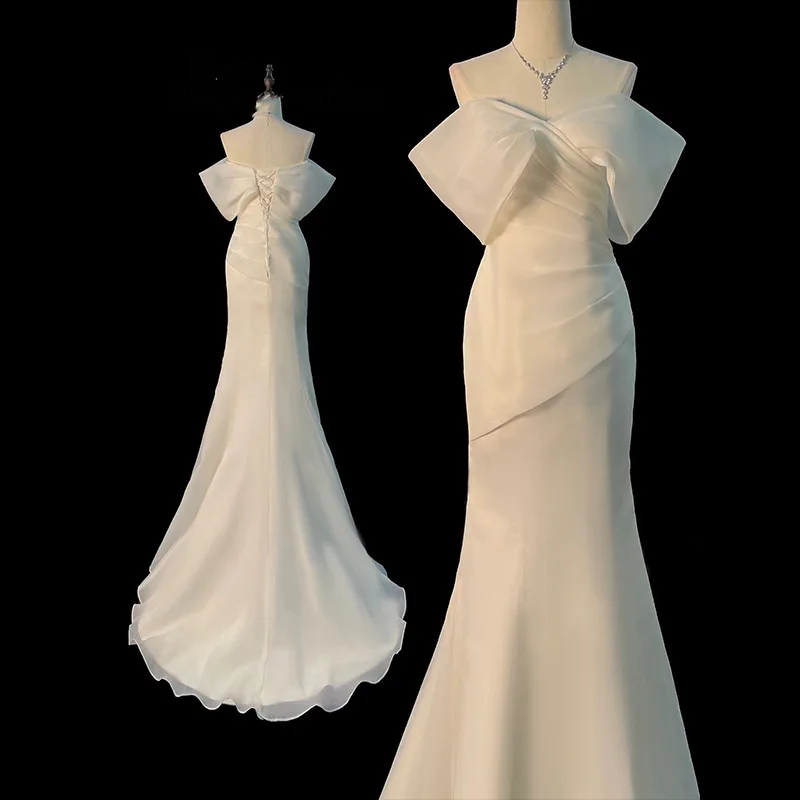 

New Mermaid Wedding Dresses Withtrain Elegant Boat Neck Sexy Backless Bridal Dress Satin Simple Vestidos De Novia Customized
