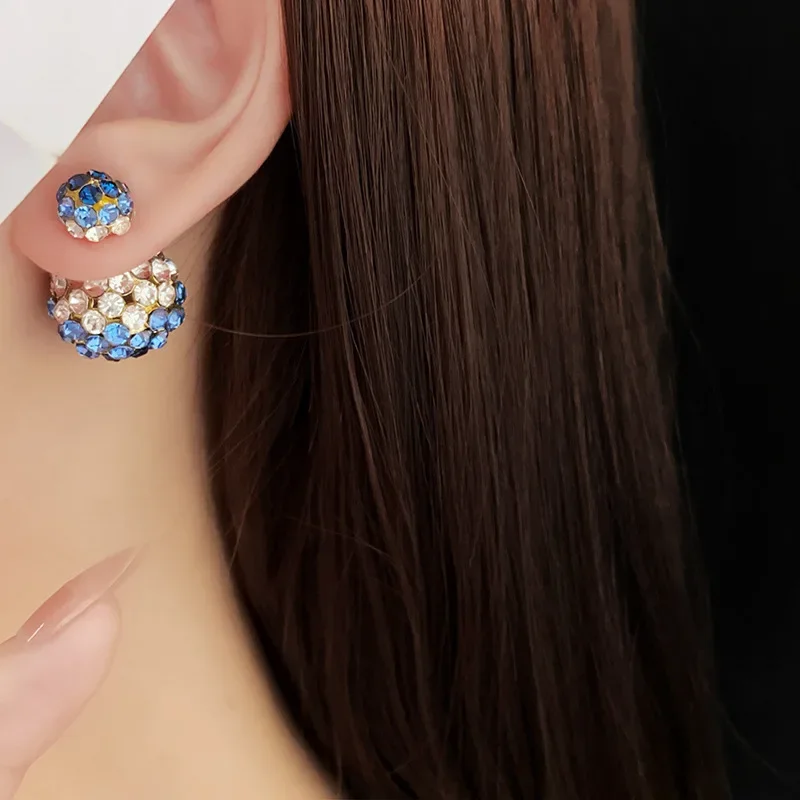 Bluey Rhinestone Ball Two Wear Stud Earrings for Women Delicate Fashion Light Luxury Advanced Silver Needle Jewelry Wholesale