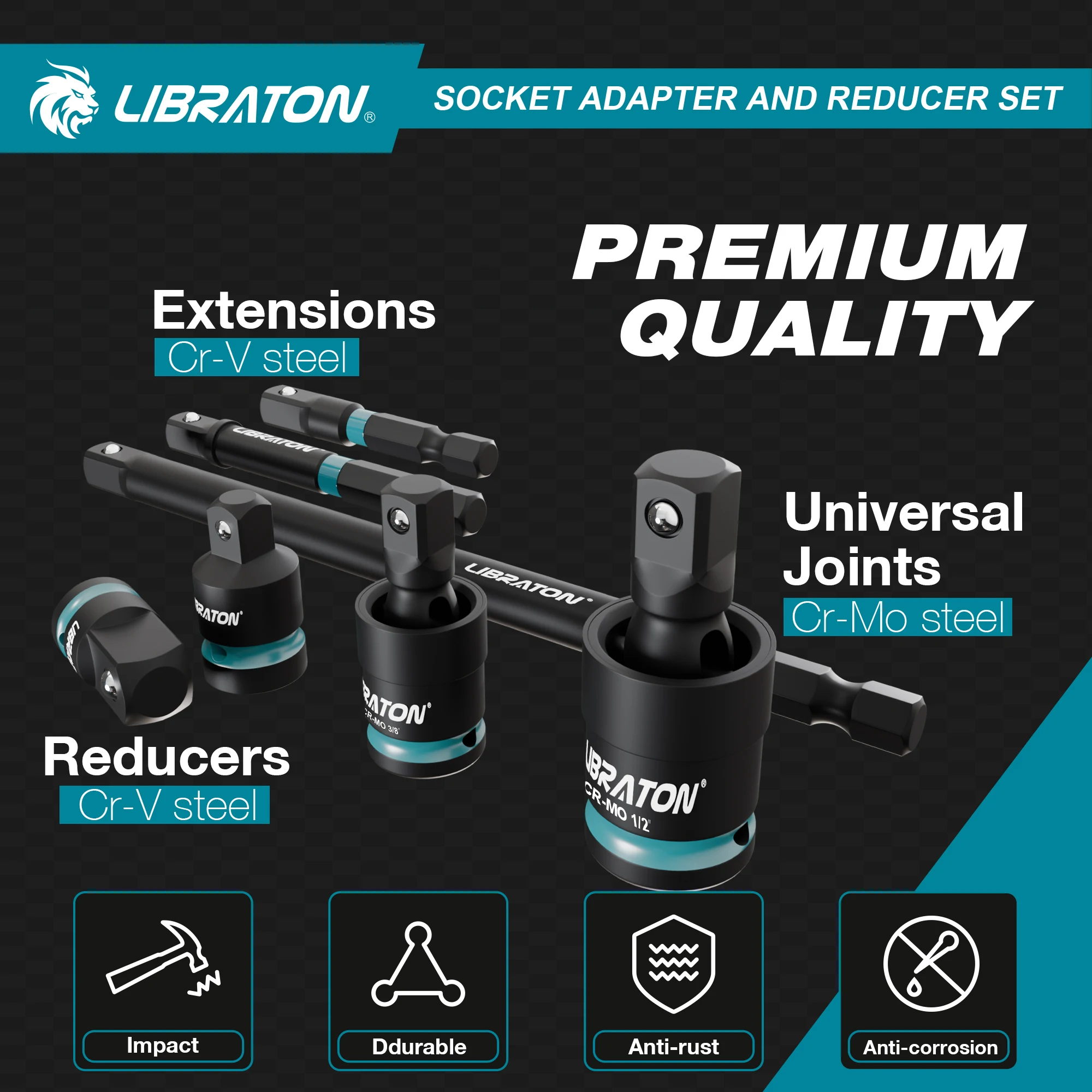 LIBRATON 1/4 Zoll, 3/8 Zoll, 1/2 Zoll Schlagschrauber-Adapter und Reduzierstücke, inklusive Reduzierstücke, Universalgelenke, Steckschlüsseladapter-Verlängerung, 20 Stück – Detail 2
