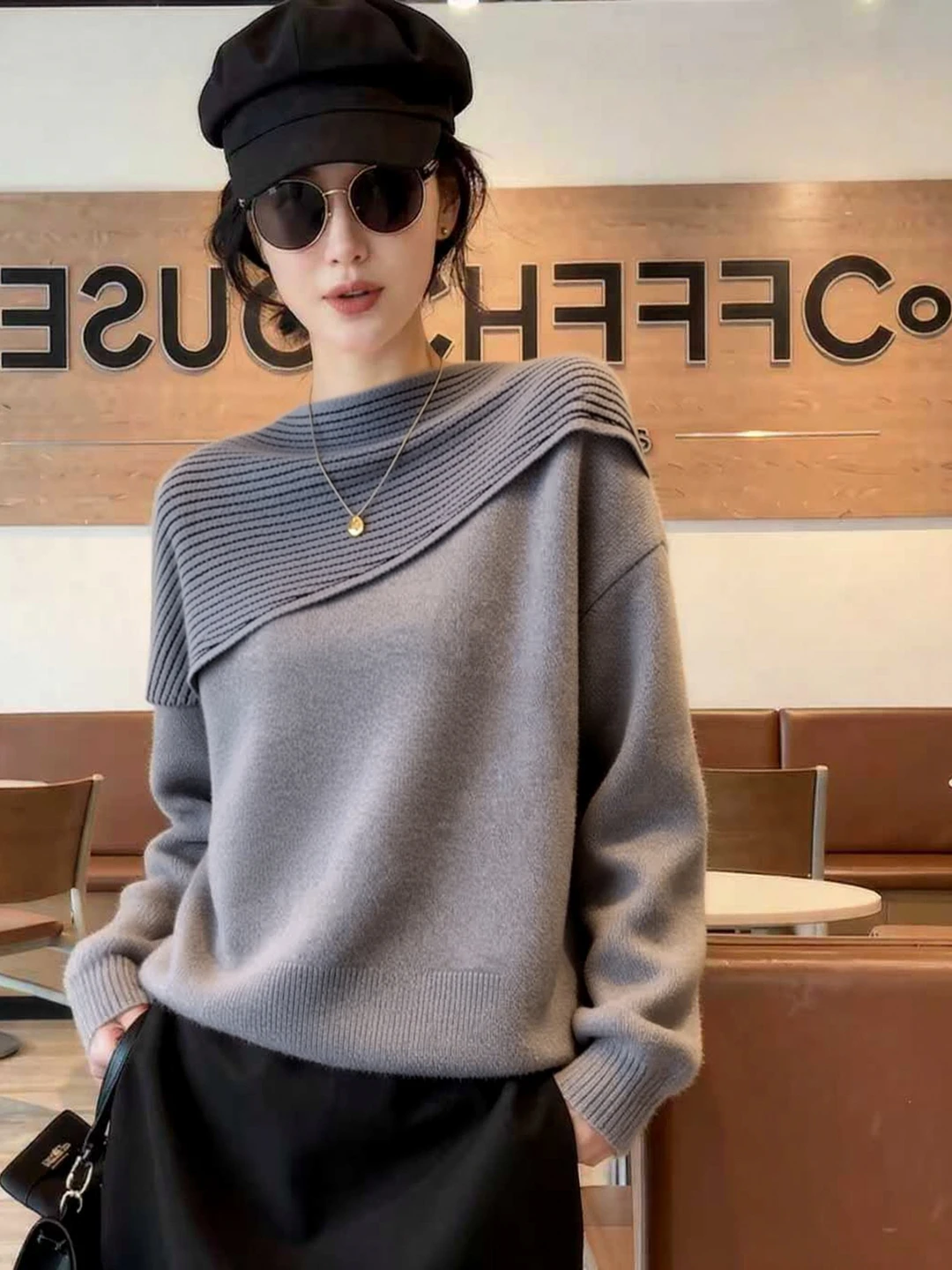 

Ele Splice Design Slimming High-End Knitted Sweater Winter New Arrival Women's Faionable Camere Knitwear Commute Sle