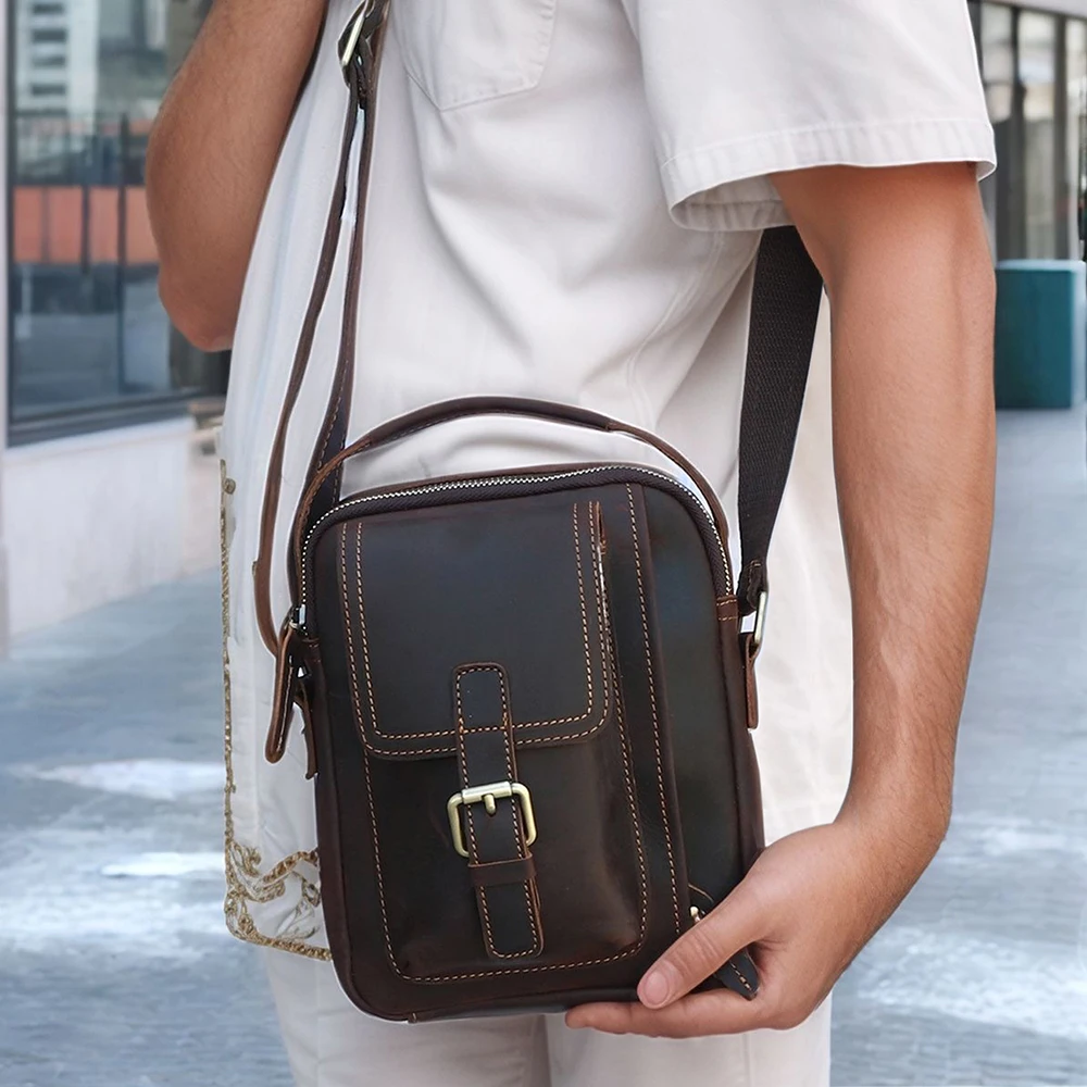 New Men's Bag Crazy Horse Men's Shoulder Bag Crossbody Bag Multi functional Genuine Leather Bag
