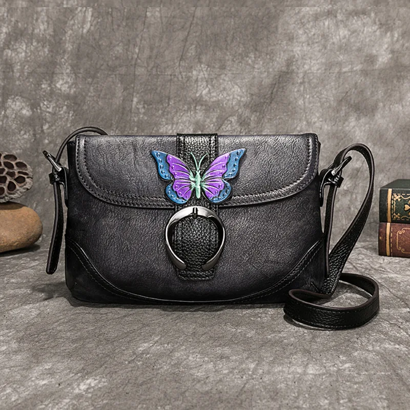 Vintage genuine leather ladies crossbody bag, high-end large-capacity multi-functional butterfly color-changing shoulder bag