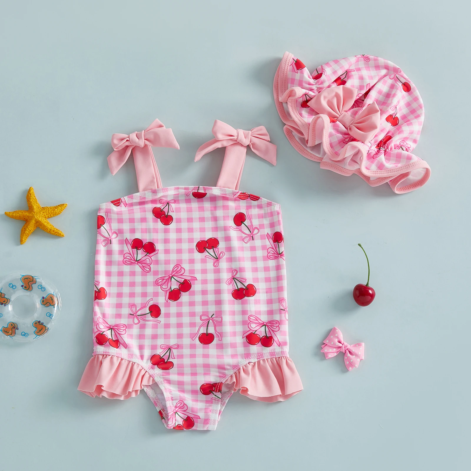 Toddler Baby Girl Summer Swimsuit Cute Strawberry/Bow/Cherry Print Sleeveless Tie Shoulder Bathing Suit with Swim Cap