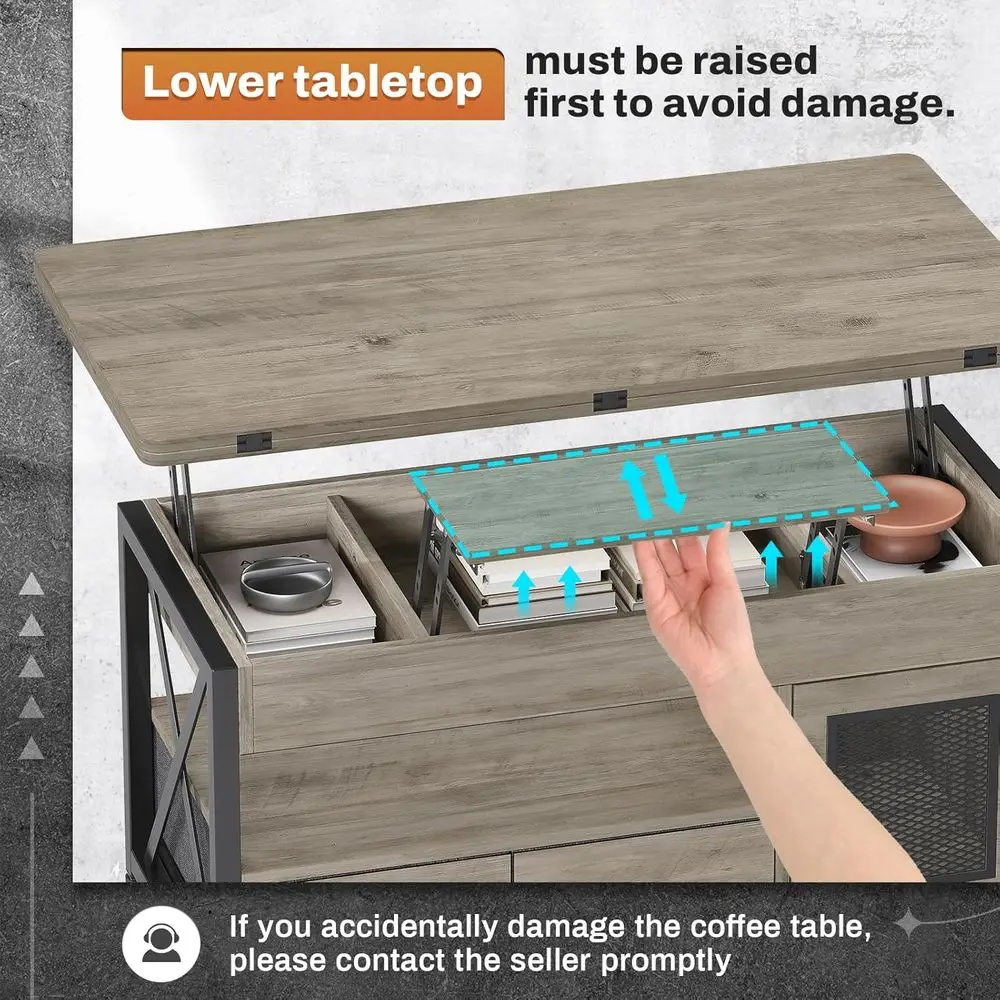 Grey Farmhouse Style 40 Lift Top Coffee Table with Storage, Fabric Drawers & LED Light