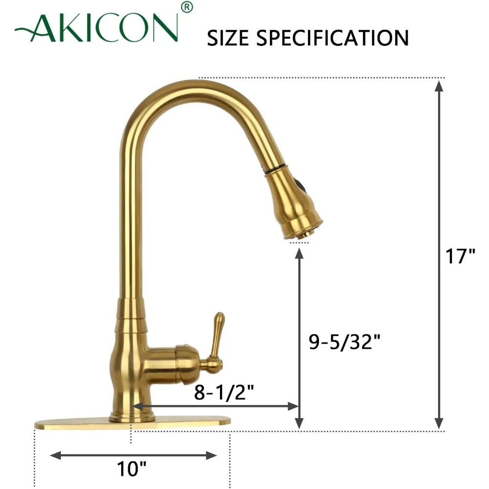 Single Level Solid Brass Pull-Down Kitchen Faucet with Deck Plate in Brushed Gold Finish