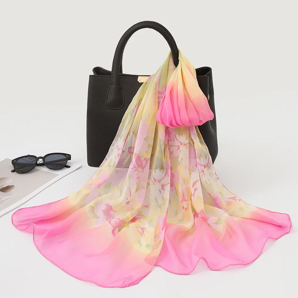 160×50cm Thin Simulation Silk Long Scarf Pastel Floral Print Lightweight Daily Matching Outdoor Sun Wrap Hijab