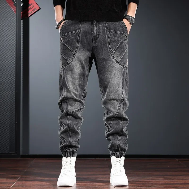

Черно-серые джинсы, модный мужской бренд, свободные брюки до щиколотки, весенне-осенняя тяжелая рабочая одежда в стиле ретро, шаровары