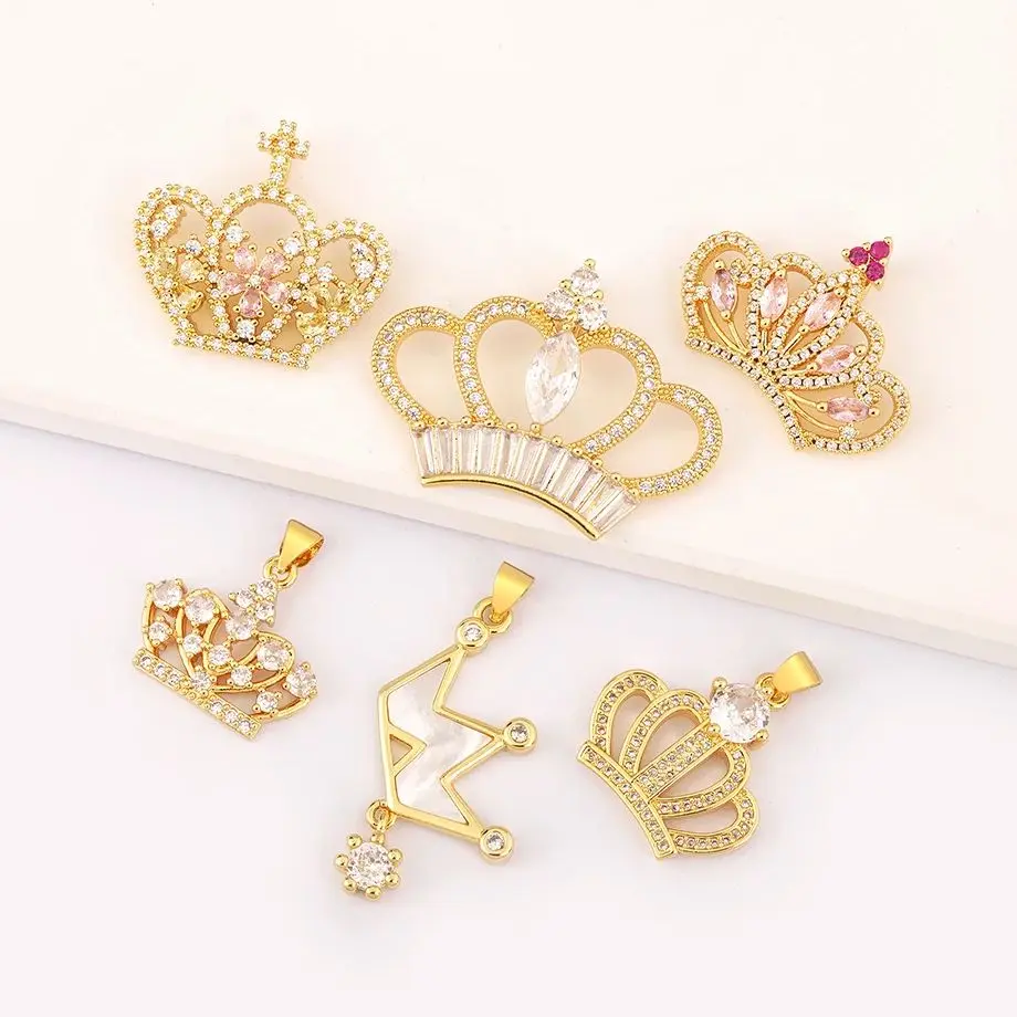 Classic Gold Color Crown Pendant for DIY Necklace Women Engagement Jewelry Clear Rhinestone Jewelry Making Findings Supplies