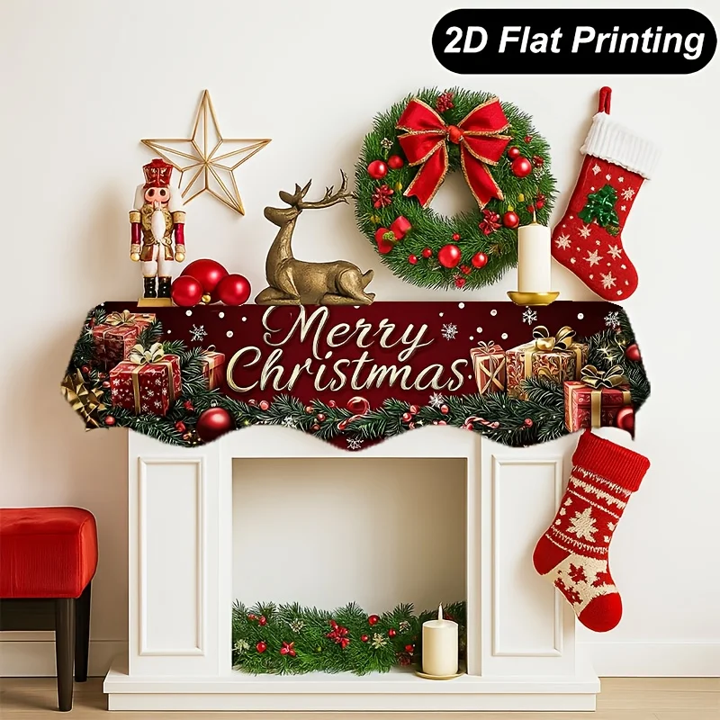 VIKAMA Christmas Fireplace Mantel Scarf Red Gift Wreath Nutcracker Xmas Mantel Topper Holiday Home Fireplace Tabletop Decor