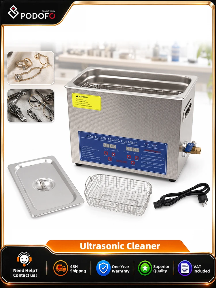 Podofo 6L Ultraschallreiniger 180W Professionelle Ultraschall-Reinigungsmaschine 180W für Zuhause und Gewerbe zur Reinigung von Autoteilen, Schmuck, Laborinstrumenten