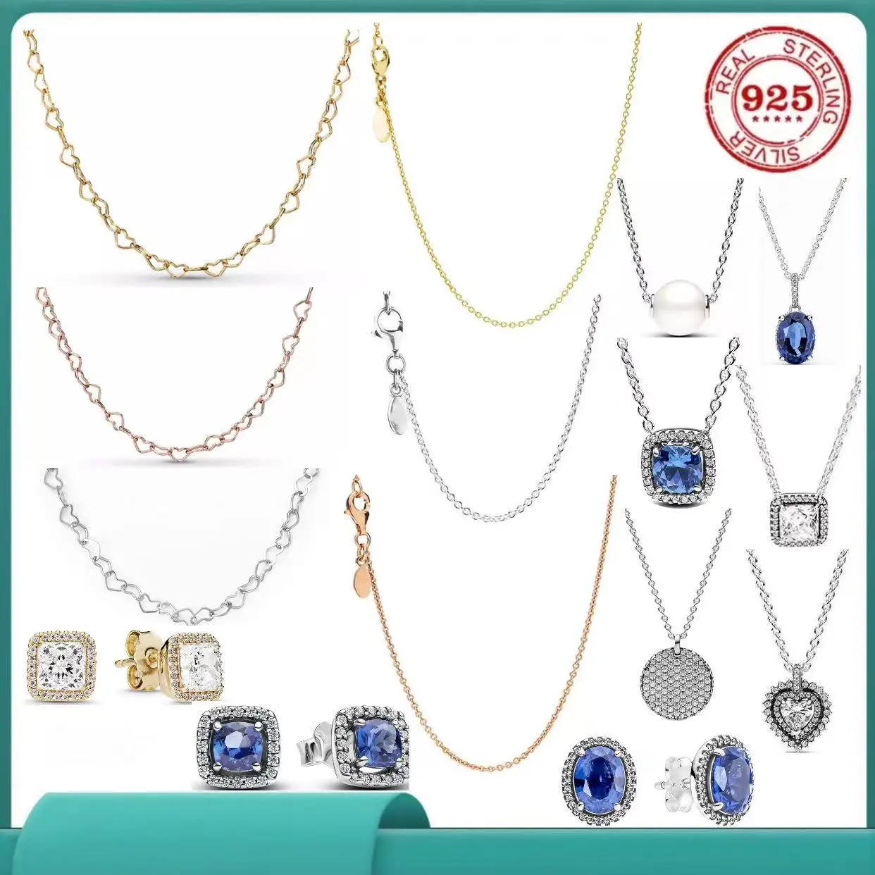 100% 925 Sterling Silver square heart-shaped pendant earrings necklace women's classic charm jewellery suitable for daily gifts