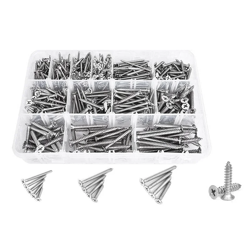 510PCS Wood Screws Assortment Kit - Stainless Steel Self Tapping Screw Set, Crosshairs Flat Head Sheet Metal Screws