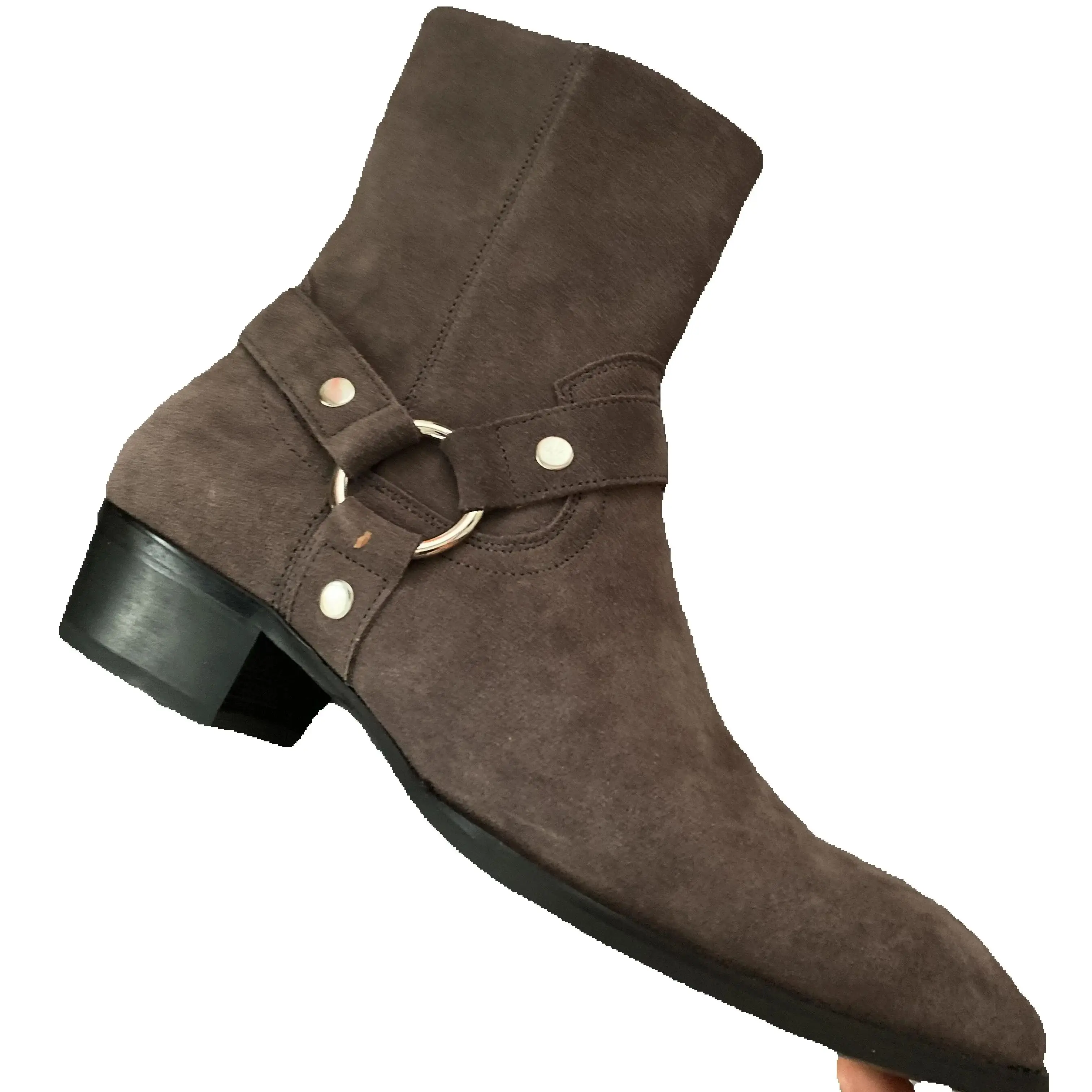 Men Coffee Suede Leather Cowhide Pionted Toe Chelsea Harness Buckle Strap Causal High Quality Handmade Boots