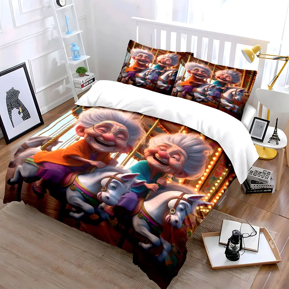 Joyful moments on carousel horse Print Bedding Set 1 Duvet Cover 2 Pillowcases for Adult and Children Luxury Gift Full Size