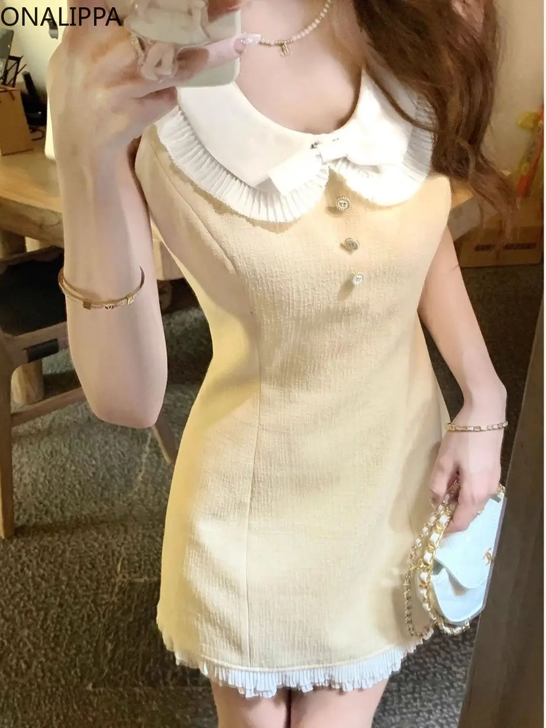 Onalippa Small Fragrance Dress for Women Peter Pan Collar Sleeveless Mini Dresses Korean Chic Design Mesh Wood Ear Hem Vestidos