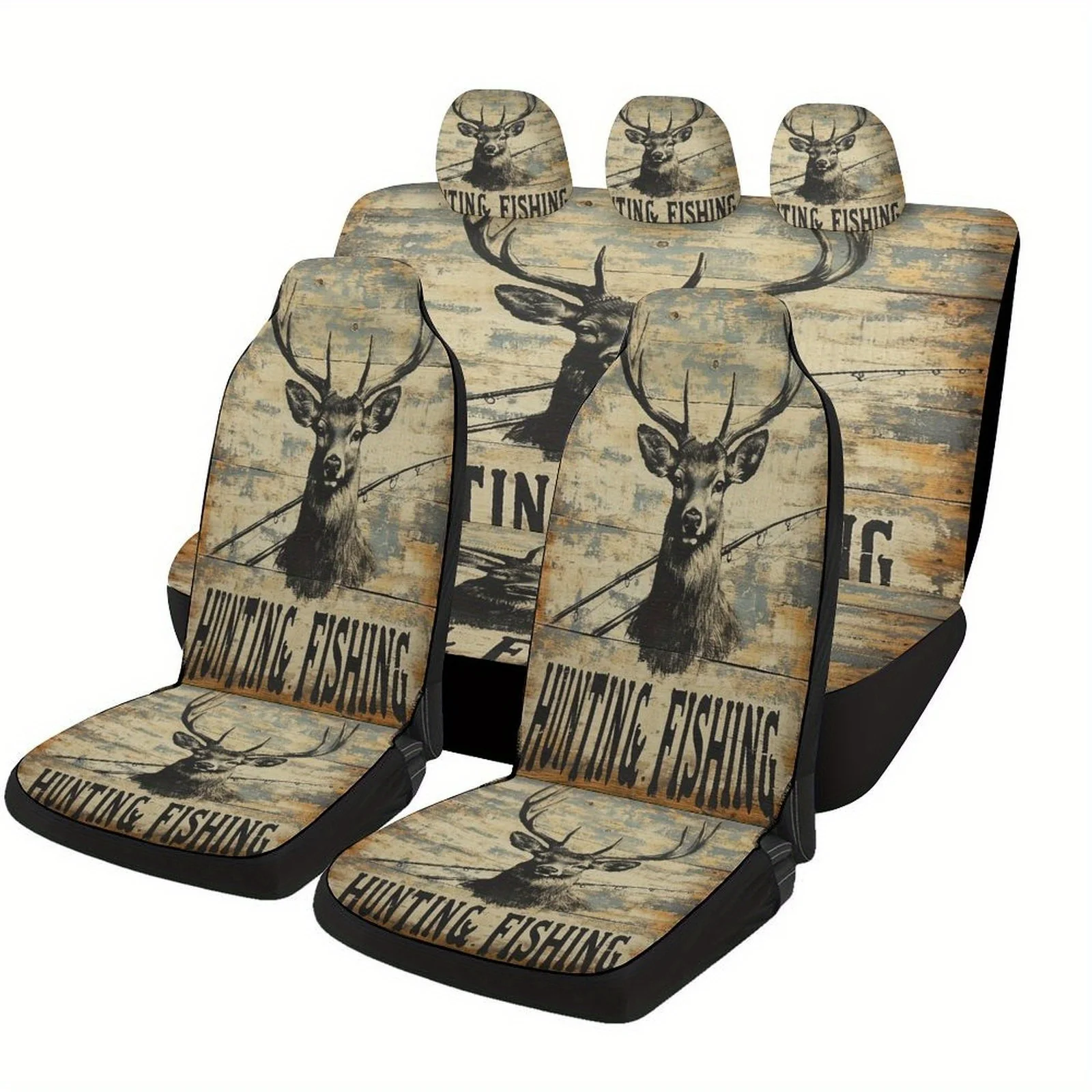 Car Seat Cover Set Featuring A Hunting And Fishing Theme, Suitable For Various Vehicles. This Trendy Novelty Set Includes Full F
