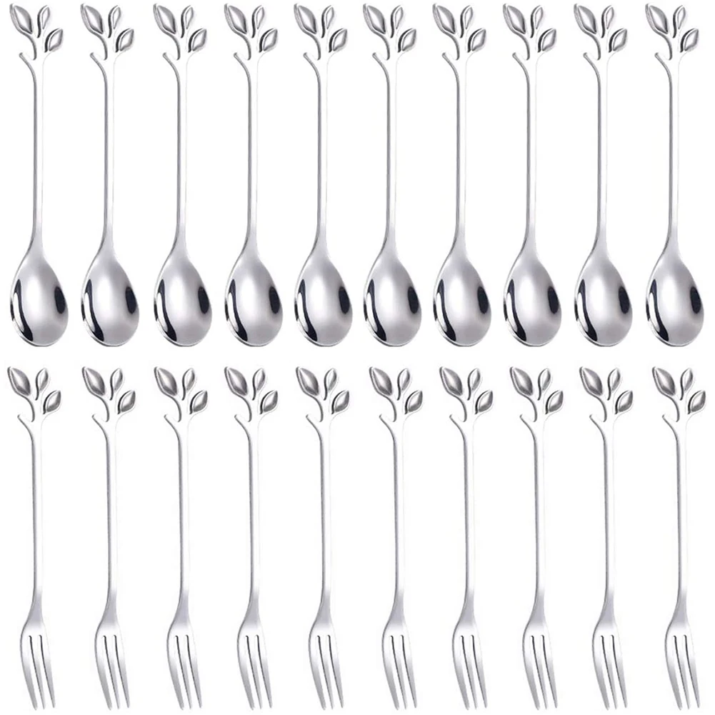 Dessert Spoon Fork Set 20 Pcs 4.7 Inch Cake Fork Coffee Spoon Creative Silver Leaf Fruit Fork (10 Spoon + 10 Fork)