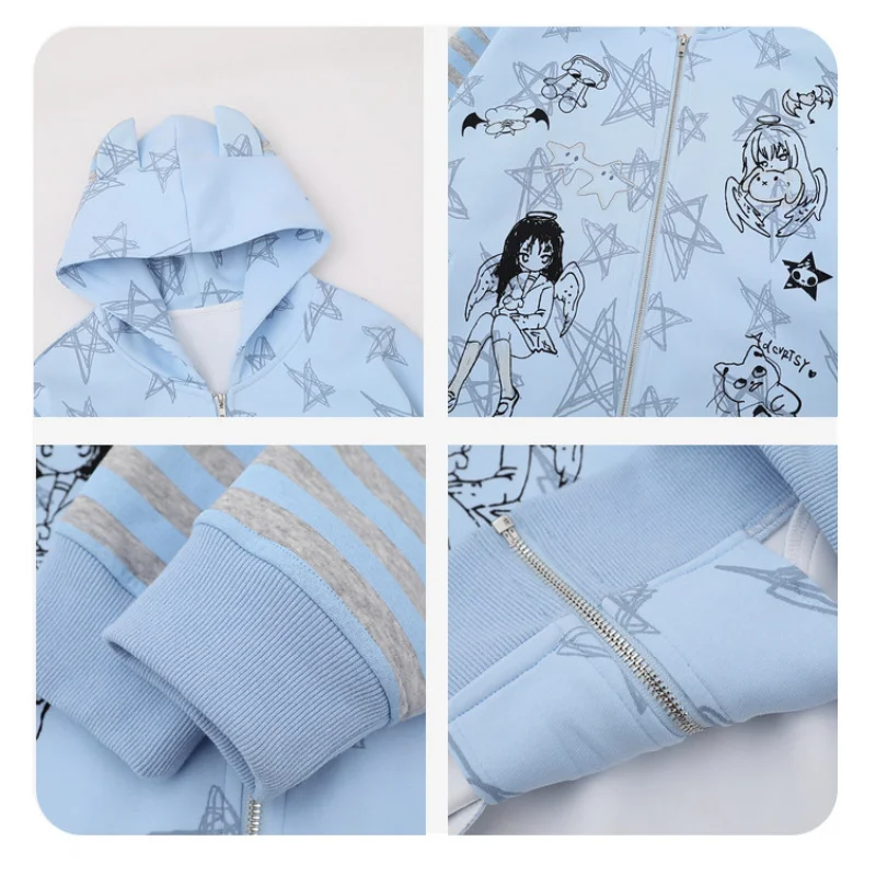 WESTSHAN أعلى جودة الاتحاد الأوروبي الولايات المتحدة حجم Y2K الملابس الكرتون لطيف آذان ستار المشارب البلوز المرأة خريف شتاء كامل ستار قلنسوة بسحاب