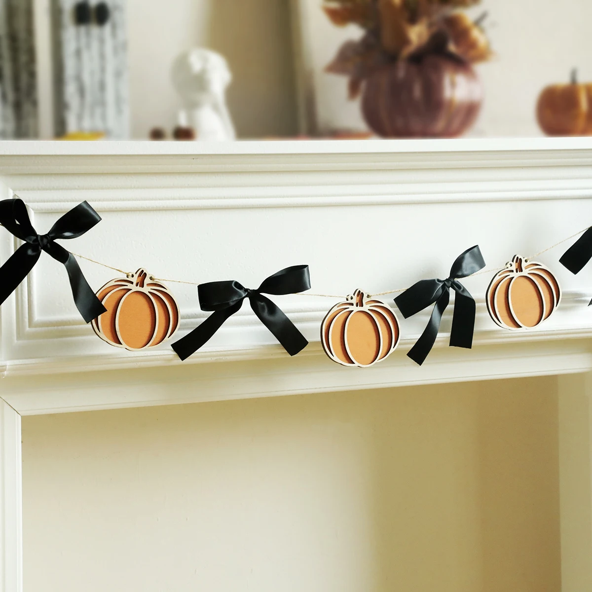 Halloween Pumpkin Garland Banner with Black Bows, Wooden Orange Pumpkin Shapes, Hanging Decor for Home Party & Fireplace Mantel