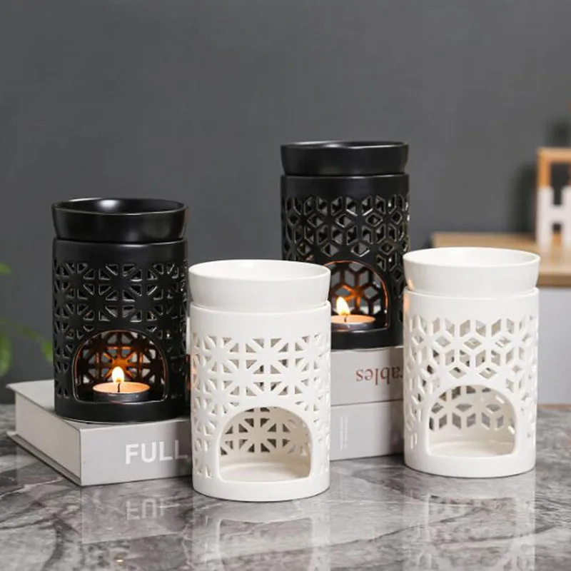 European Style Hollow Geometric Pattern Essential Oil Furnance Aromatherapy Burner Candle Holder Night Light Home Decor