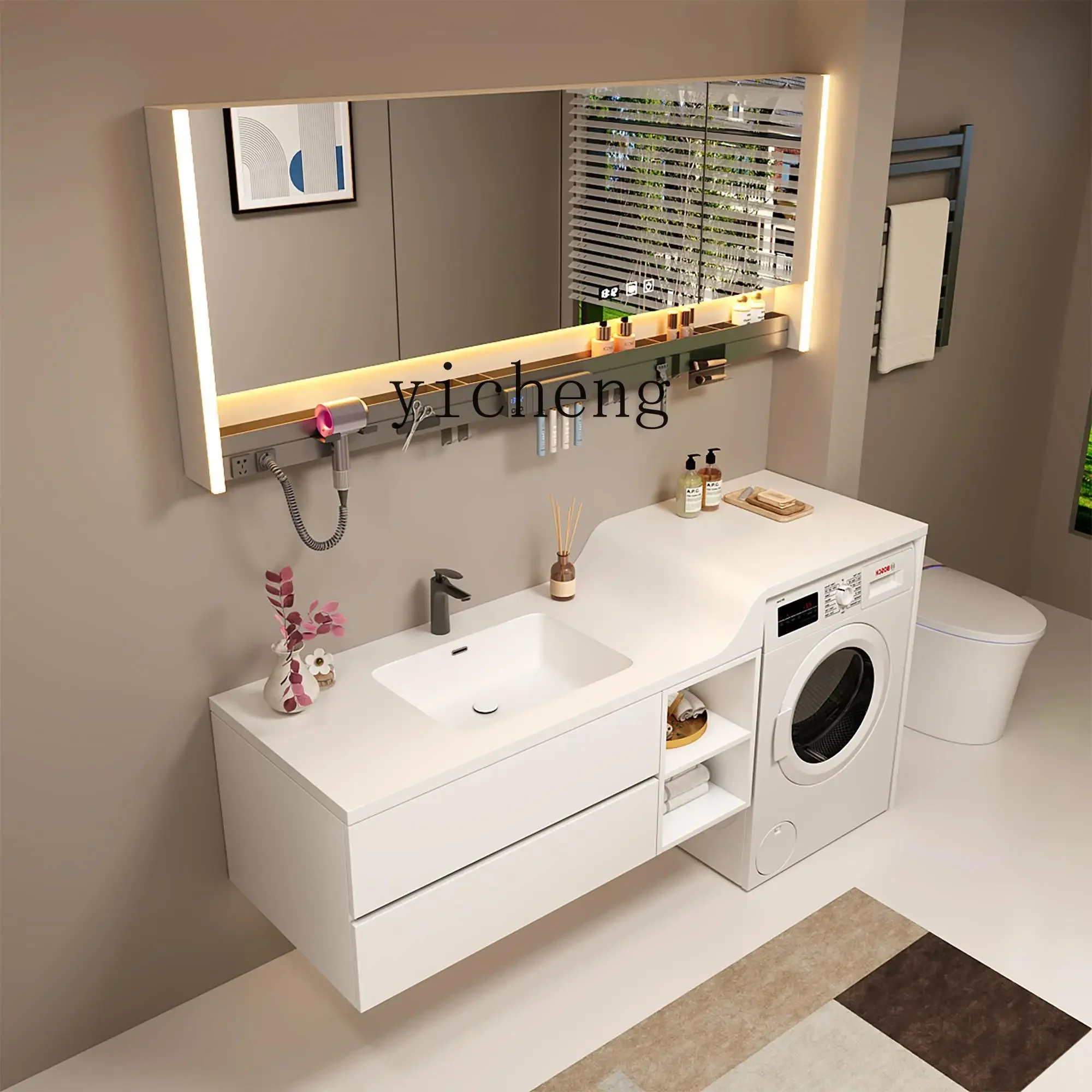 Máquina de lavar roupa DSA de design moderno e elegante, com armário de banheiro integrado em madeira maciça e combinação de armário e vaso sanitário.