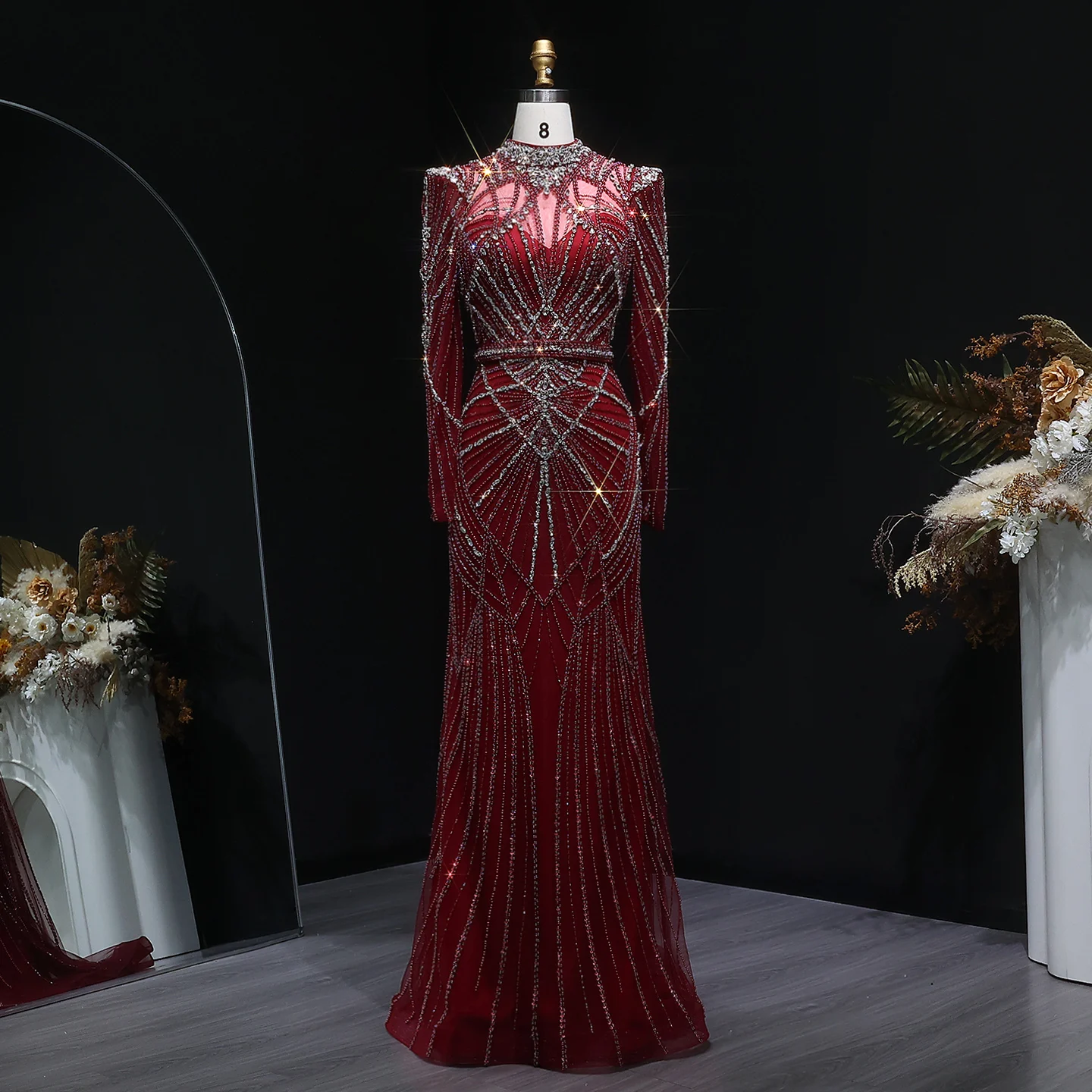 Sharon Said Luxuriöses Weinrotes Abendkleid mit Perlen-Kristall-Verzierung Elegantes Champagner-Festkleid für Damen SS186 Maßanfertigung – Detail 13