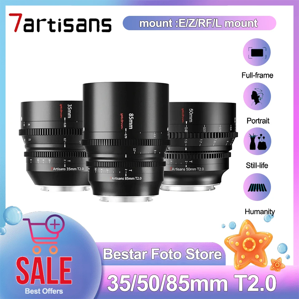 7artisans 35mm 50mm 85mm T2.0 Spectrum Full Frame Cine Lens for Sony A7 Nikon Z5 Z50 Canon R5 R6 L Mount