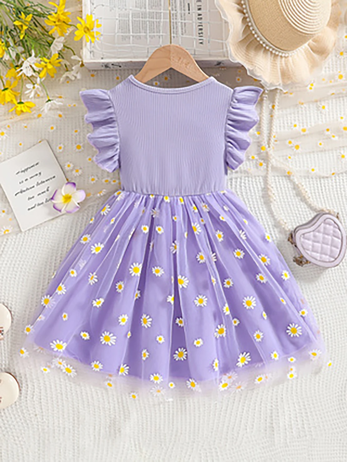 Girls' Purple Daisy Tulle Princess Dress, Summer Flutter Sleeve Bow Tutu Skirt