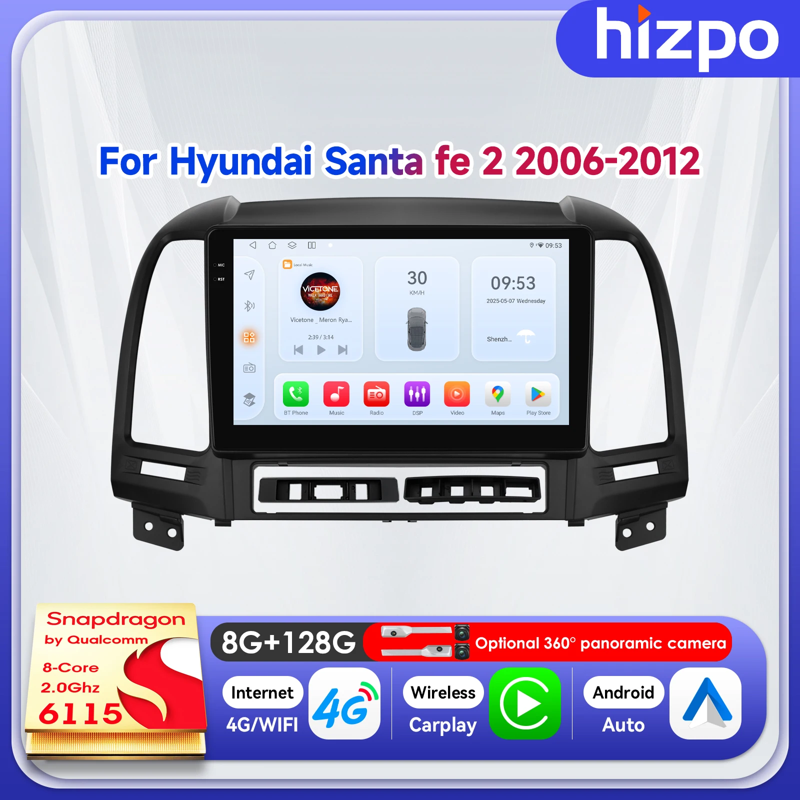 

Hizpo 9" Car Radio Stereo For Hyundai Santa Fe 2 2006 2007 2008 2009 2010 2011 2012 Navigation Auto WiFi 4G Wireless CarPlay BT