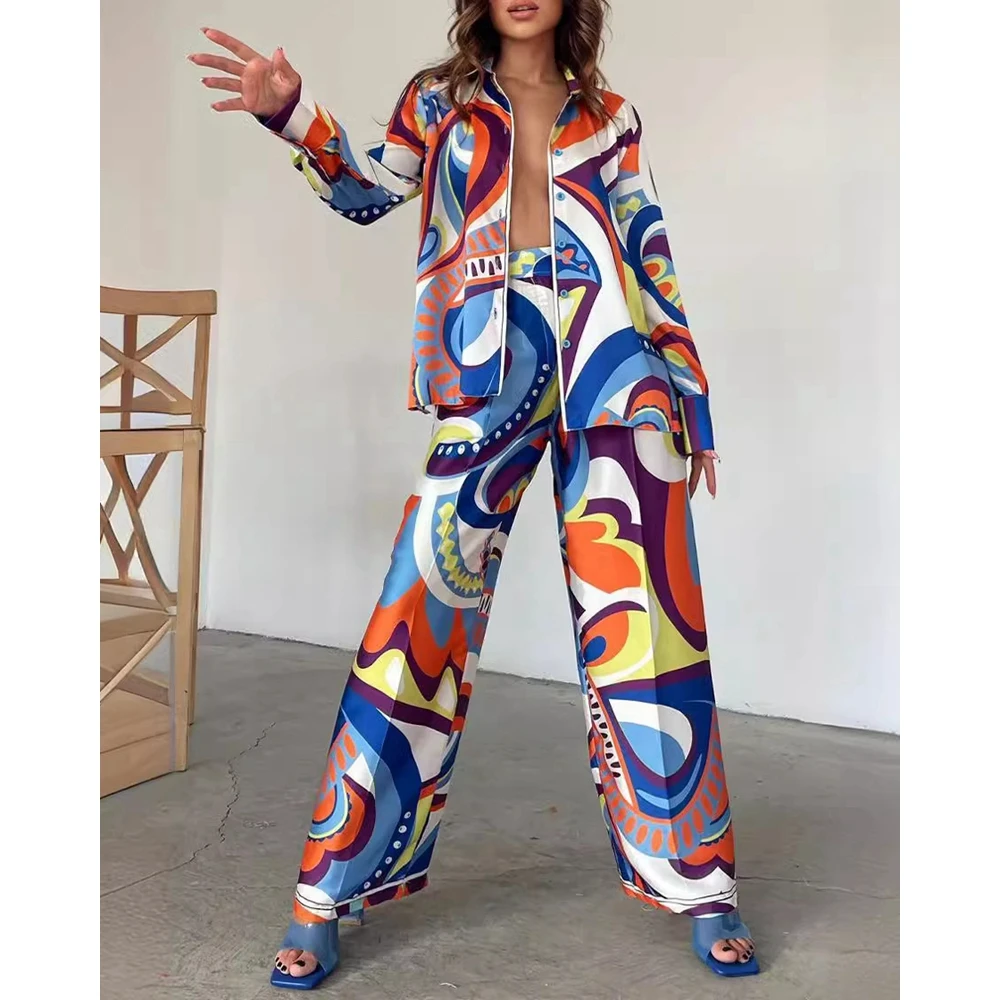 

Women All Over Abstract Print Long Sleeve Buttoned Shirt Top & Wide Leg Pants Sets Autumn 2 Pieces Elegant Pants Set Work wear