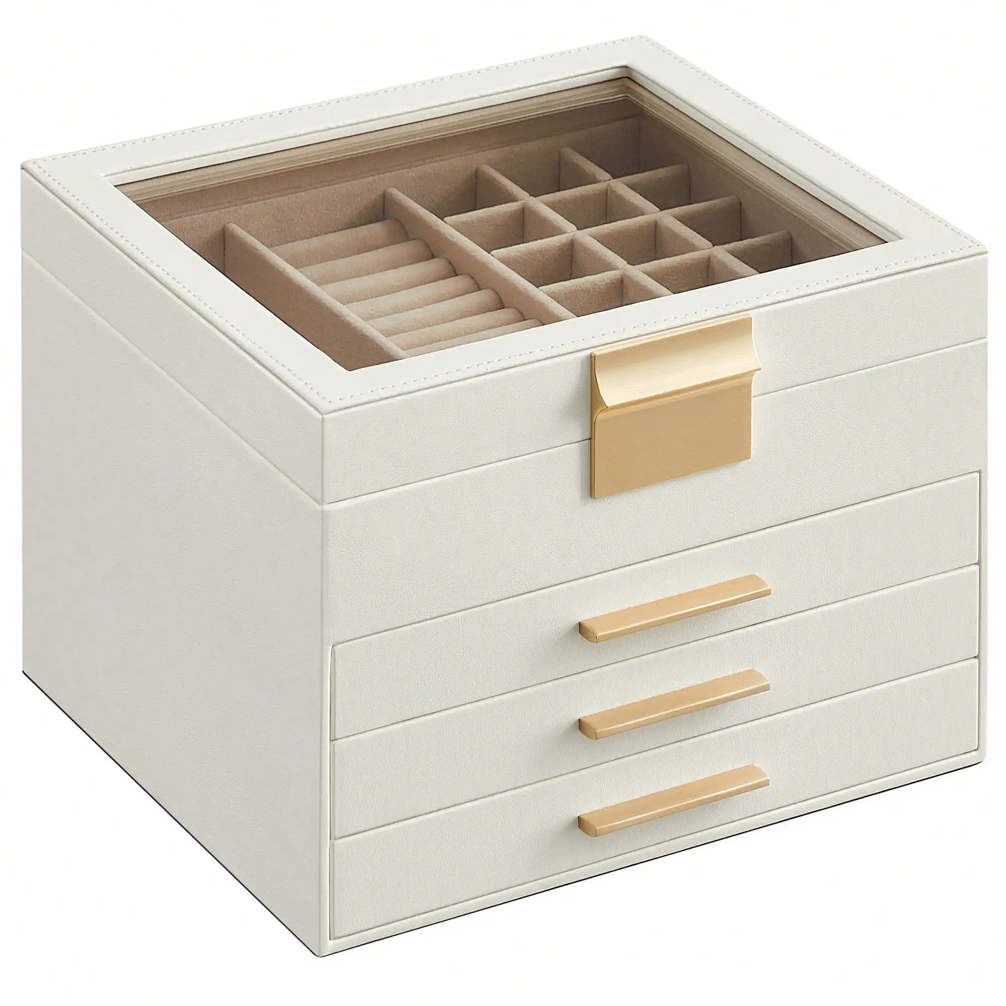 

Шкатулка-органайзер для украшений SONGMICS со стеклянной крышкой, 4-слойная, с 3 выдвижными ящиками, современный стиль, 8 x 9,1 x 6,5 дюймов