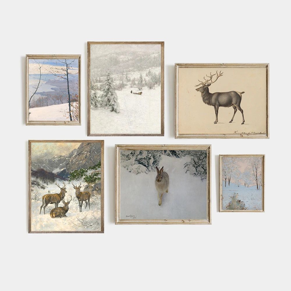 Nordic Vintage Winter Snow Landscape Painting Canvas Poster Rustic Animals Deer Rabbit Wall Art Pictures Christmas Home Decor