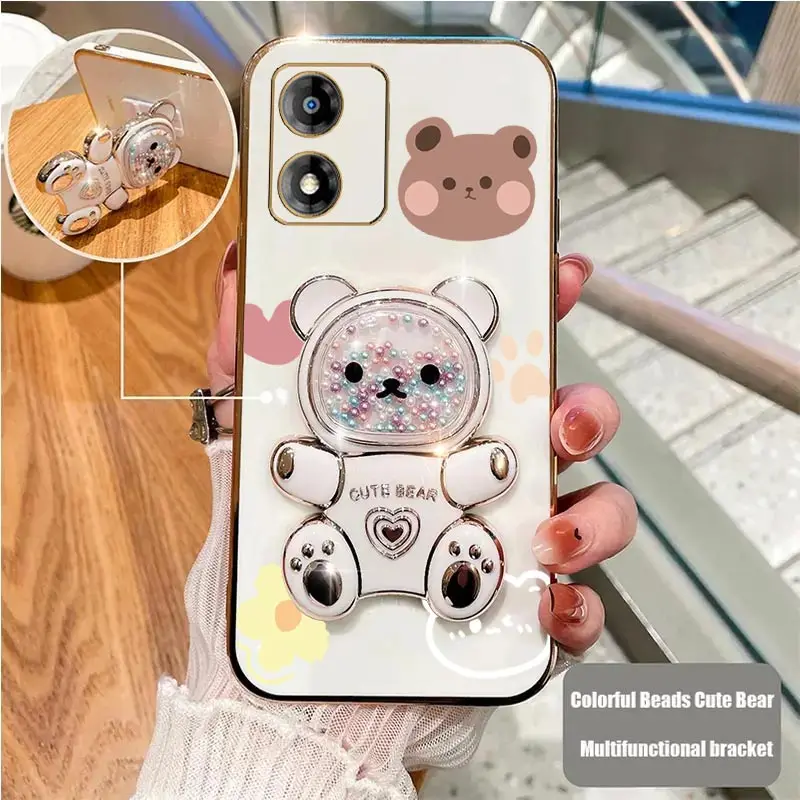 E 13 Luxury Cute Bear Phone Holder Case On For Motorola Moto E13 MotoE13 MotorolaE13 Stand Cover