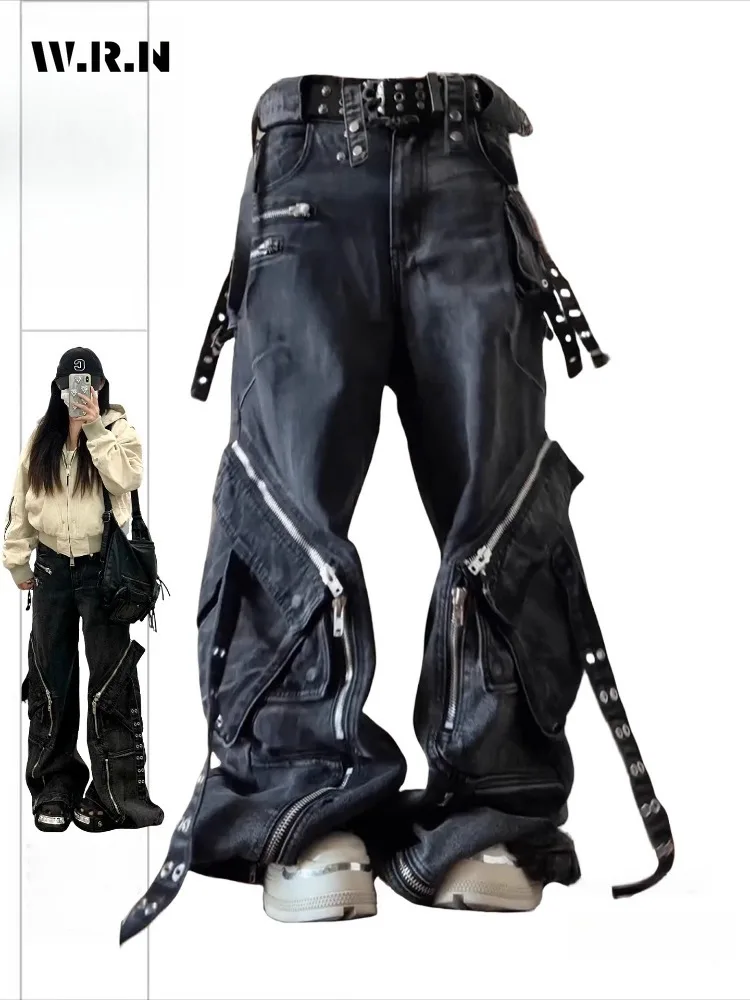 

Американские винтажные дизайнерские джинсы на молнии с поясом для женщин, потертые брюки в стиле гранж Harajuku Street 2000-х годов, повседневные джинсовые брюки Y2K