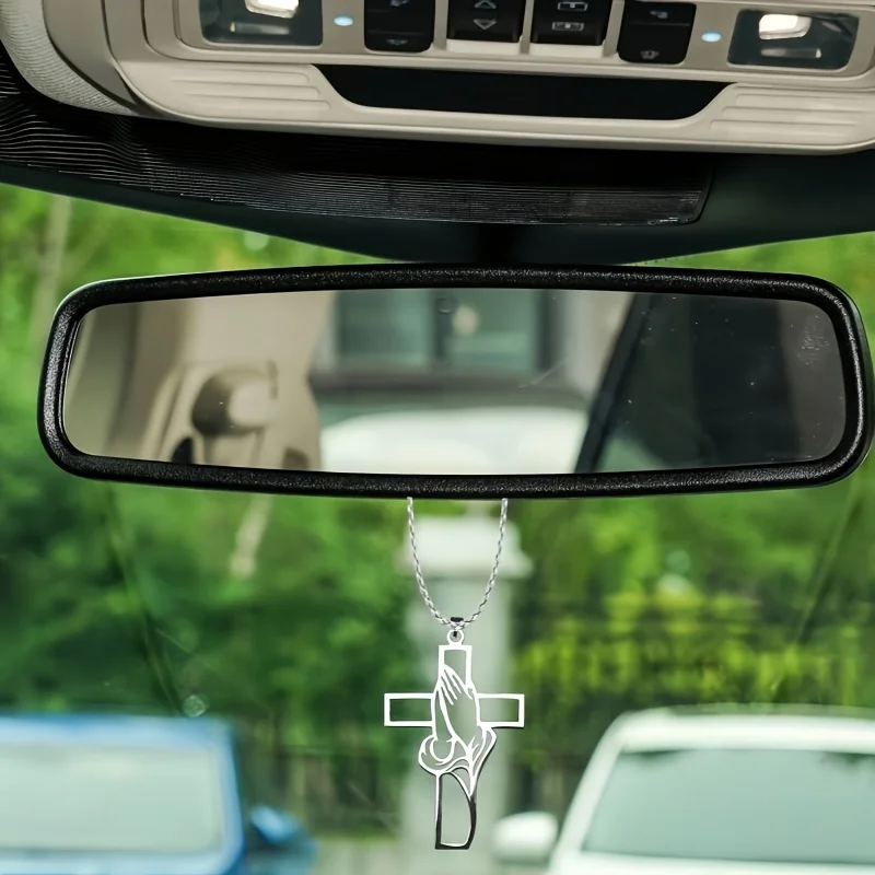 Hollow Prayer Hands Cross Pendant, Car Interior Decoration Accessory, Rearview Mirror or Window Display, Religious Symbol