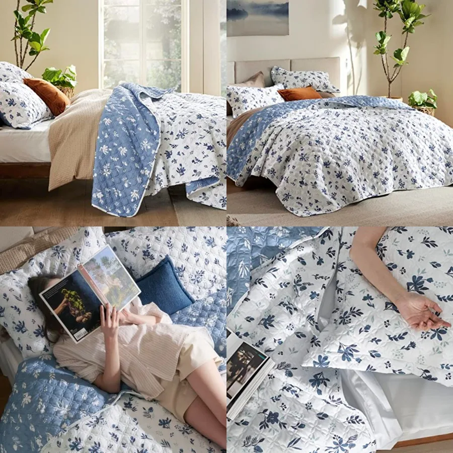 

Floral Quilt Queen Size - Reversible Blue White Floral Comforter, Daisy Design Lightweight Bedspread Quilt Bedding, Soft Microf