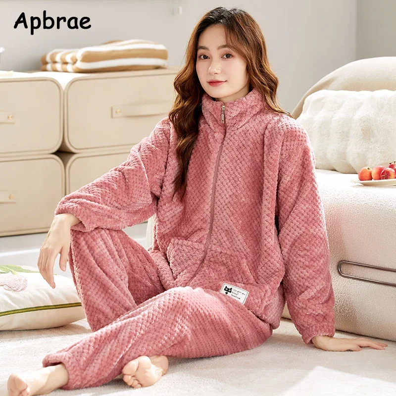 Winter Flannel Pajamas for Women Soft Warm Sleepwear Woman Cardigan Pijamas Big Size M-3XL Thick Homewear Girls Pajama