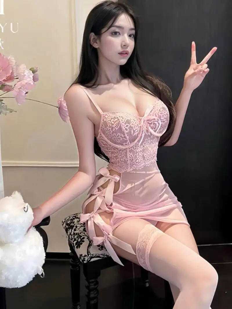 Sexy Thin Mesh Sheer Lace Splicing New Sex Thin Pajama Bow Wrapping Hip Tank Mini Dress Elegant Sweet Pink Women Dress U2MH