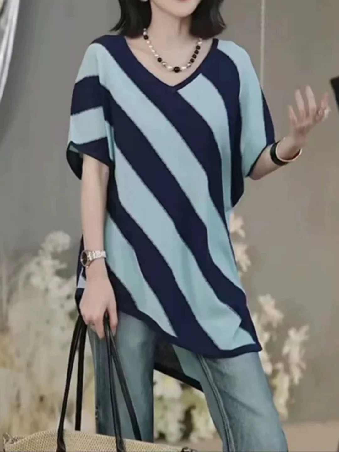 

plus Size Korean Striped Knitted Short Sleeve T-Shirt Women Summer 2026 New Loose Slimming Mid-Length Top for plus Size Women